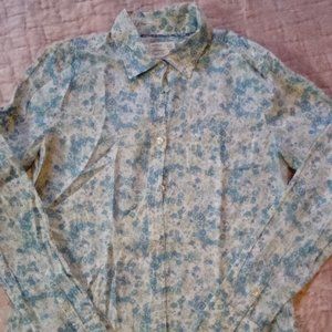 American Eagle Blue and Yellow Floral Flowered Shirt Long Sleeve Button Down Med